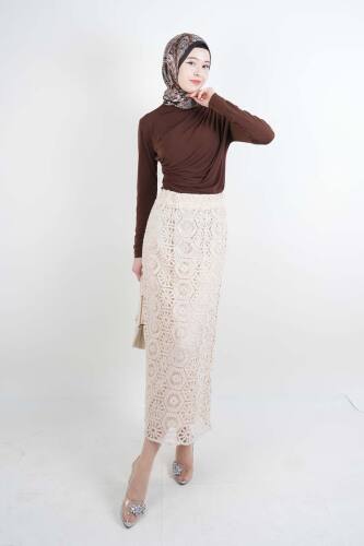 Tesettür Etek Full Dantelli Kalem Etek Krem - 5