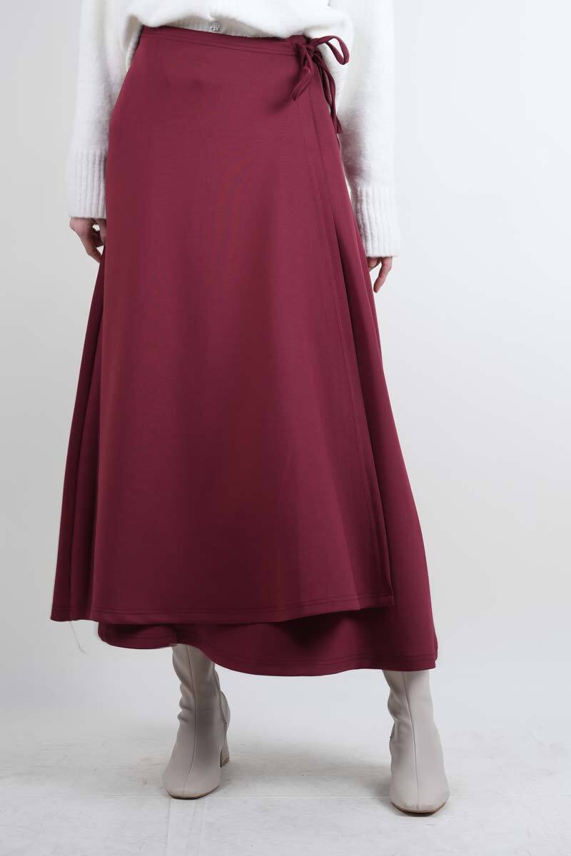 Tesettür Etek Yandan Çapraz Bağlamalı Scuba Etek Bordo - 1