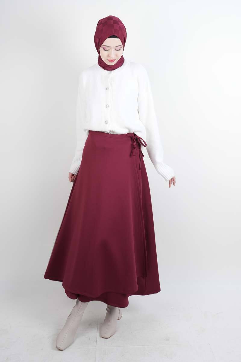 Tesettür Etek Yandan Çapraz Bağlamalı Scuba Etek Bordo - 4