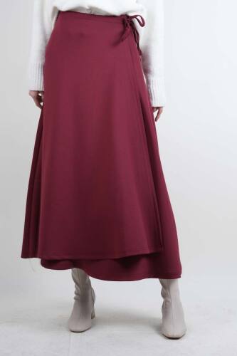 Tesettür Etek Yandan Çapraz Bağlamalı Scuba Etek Bordo - 03Kız Kulesi Teks
