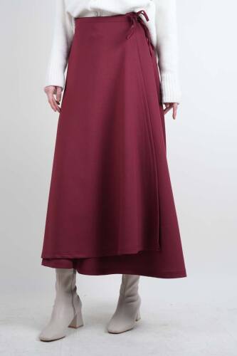 Tesettür Etek Yandan Çapraz Bağlamalı Scuba Etek Bordo - 03Kız Kulesi Teks (1)