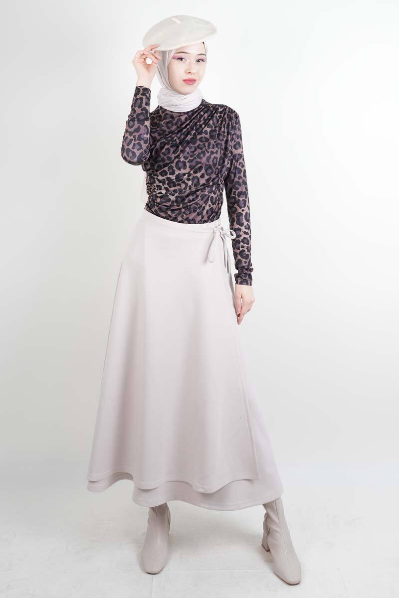 Tesettür Etek Yandan Çapraz Bağlamalı Scuba Etek Krem - 2