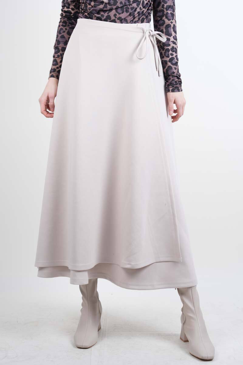 Tesettür Etek Yandan Çapraz Bağlamalı Scuba Etek Krem - 1