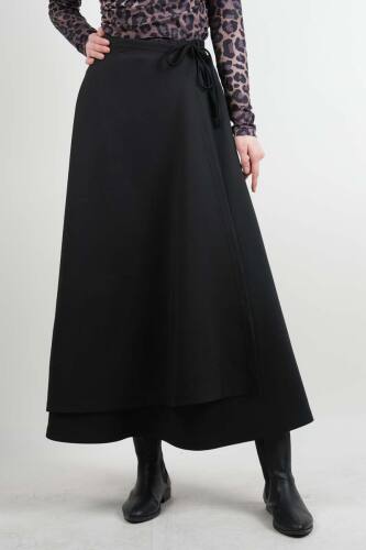 Tesettür Etek Yandan Çapraz Bağlamalı Scuba Etek Siyah - 03Kız Kulesi Teks