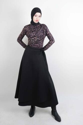 Tesettür Etek Yandan Çapraz Bağlamalı Scuba Etek Siyah - 4