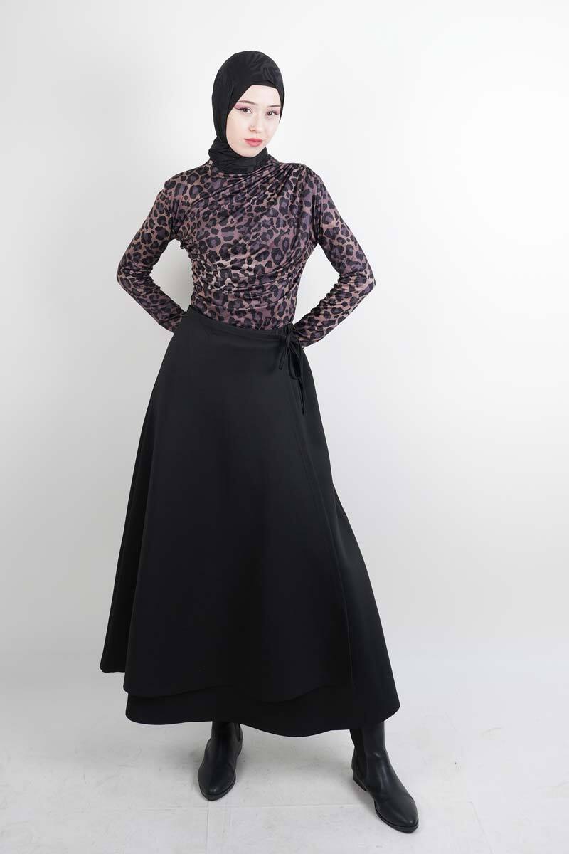 Tesettür Etek Yandan Çapraz Bağlamalı Scuba Etek Siyah - 4