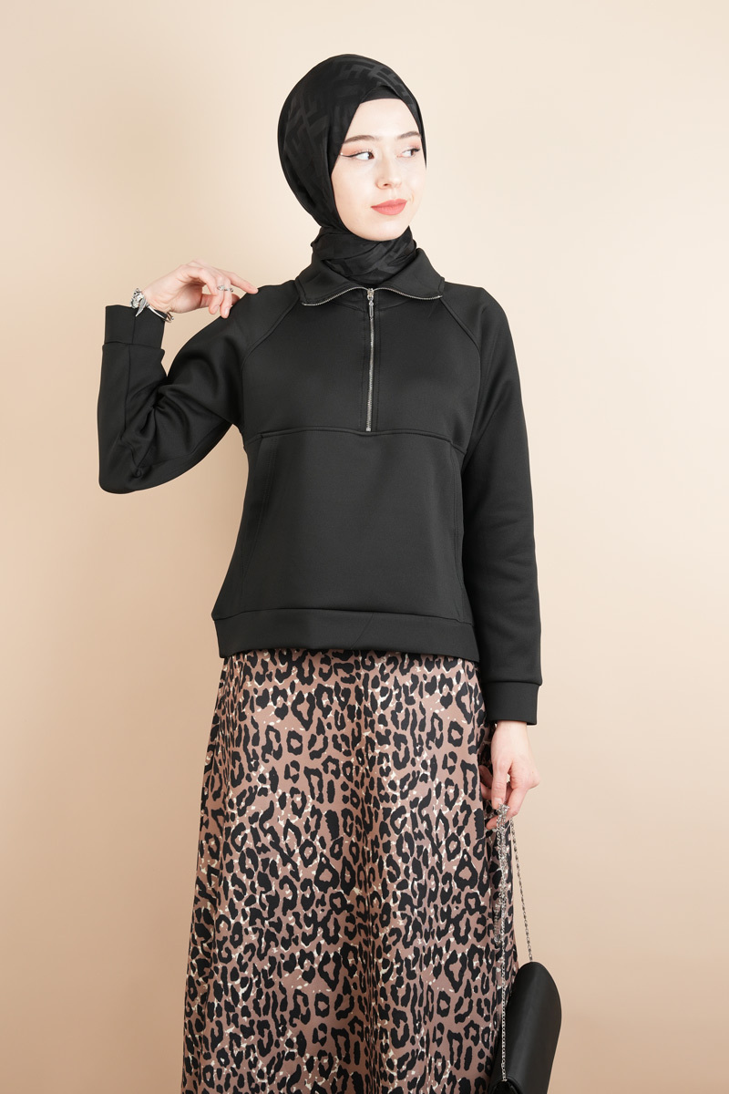 Tesettür Etekli Takım Scuba Bukre Ön Yarım Fermuarlı Leopar Desen Takım Siyah - 4
