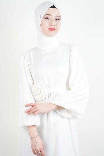 Tesettür Ful Taşlı Gül Kemerli Saten Elbise mavi - 2
