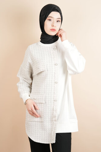 Tesettür İnci Düğmeli Sweat Puane Yarısı Şanel Bayan Sweat Beyaz - 1