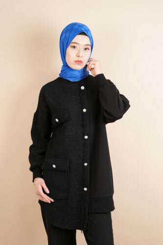 Tesettür İnci Düğmeli Sweat Puane Yarısı Şanel Bayan Sweat Siyah 