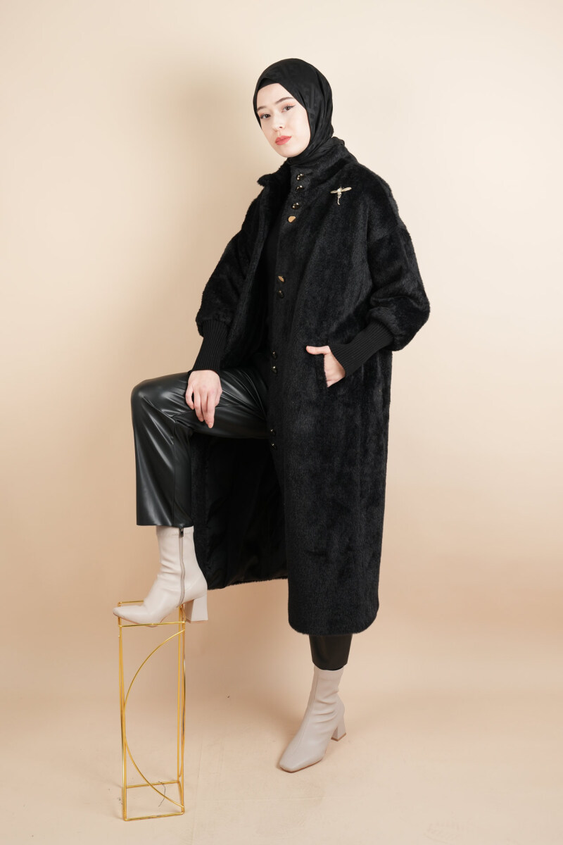 Tesettür Kaban Uzun Kaban Çift Düğmeli Geniş Ribana Kol Angora Siyah - 1