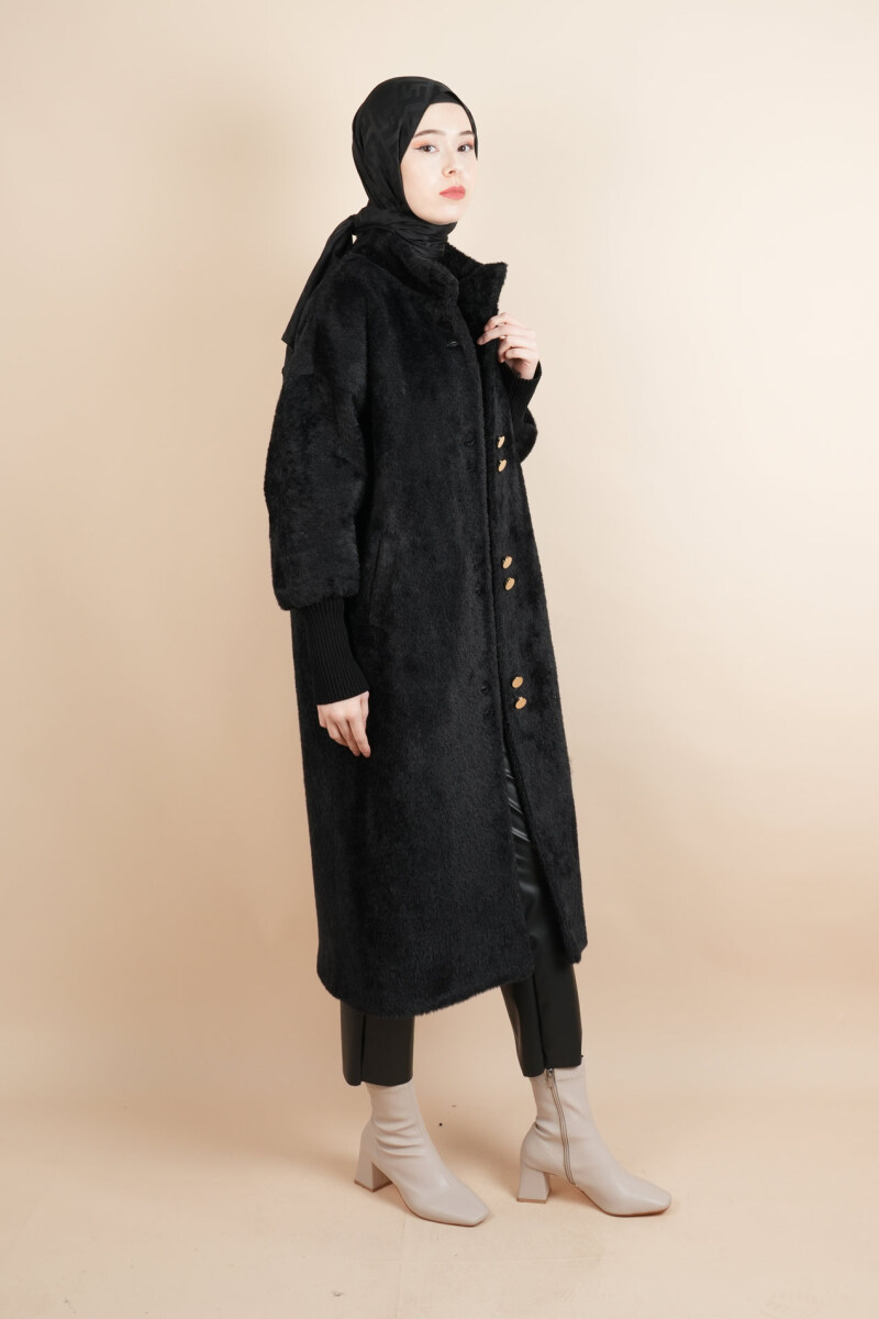 Tesettür Kaban Uzun Kaban Çift Düğmeli Geniş Ribana Kol Angora Siyah - 2