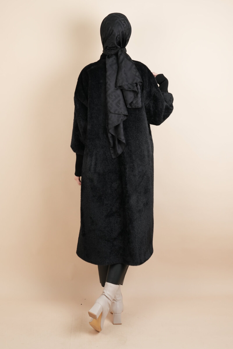 Tesettür Kaban Uzun Kaban Çift Düğmeli Geniş Ribana Kol Angora Siyah - 3