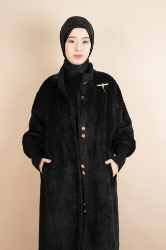 Tesettür Kaban Uzun Kaban Çift Düğmeli Geniş Ribana Kol Angora Siyah - 4