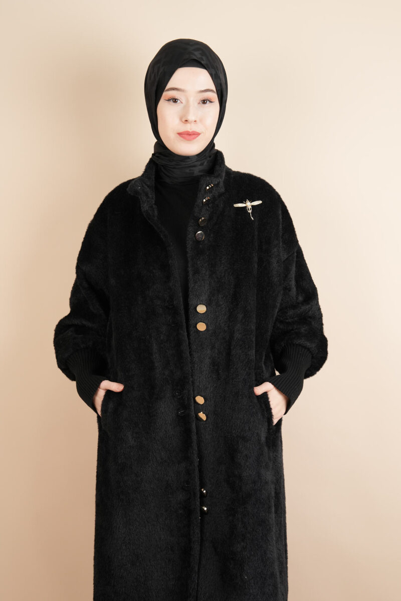 Tesettür Kaban Uzun Kaban Çift Düğmeli Geniş Ribana Kol Angora Siyah - 4