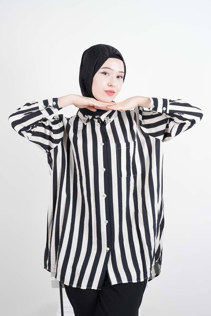 Tesettür Kadın Gömlek Çizgili Yaka Taşlı Modal Gömlek Siyah - 1