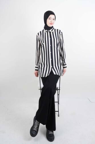 Tesettür Kadın Gömlek Çizgili Yaka Taşlı Modal Gömlek Siyah - 2