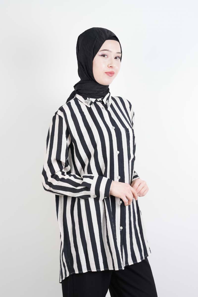Tesettür Kadın Gömlek Çizgili Yaka Taşlı Modal Gömlek Siyah - 3