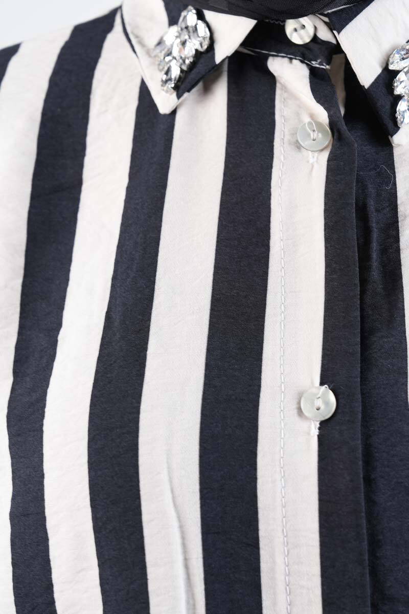 Tesettür Kadın Gömlek Çizgili Yaka Taşlı Modal Gömlek Siyah - 4