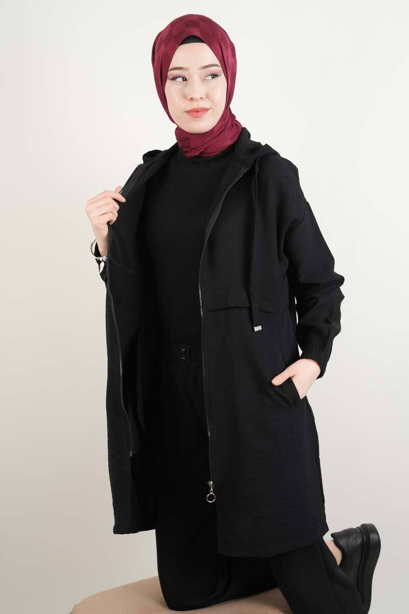 Tesettür Kapüşonlu Kap - Keten Araboy Kap Siyah - 2