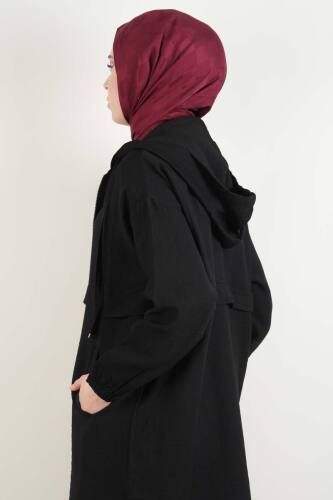 Tesettür Kapüşonlu Kap - Keten Araboy Kap Siyah - 3