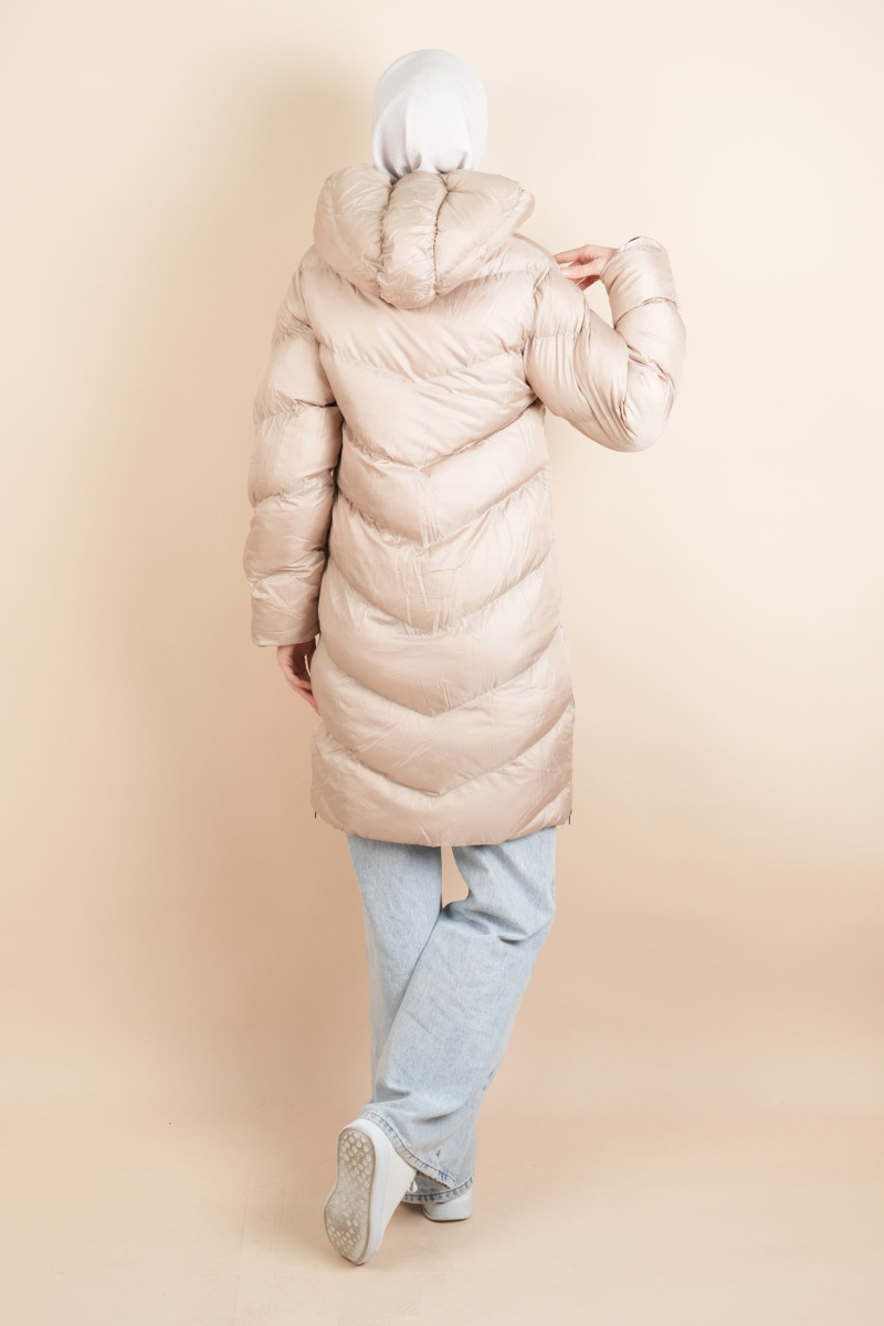 Tesettür Kapüşonlu Şişme Mont Krem - 3