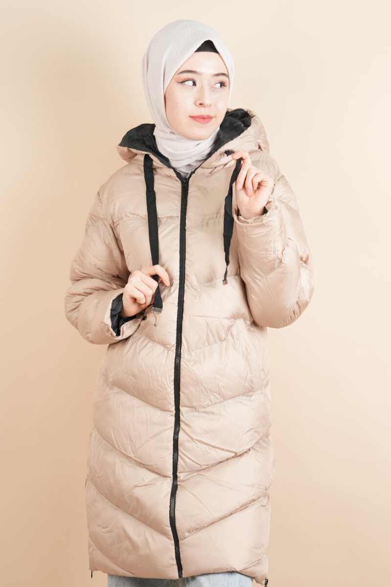 Tesettür Kapüşonlu Şişme Mont Krem - 4