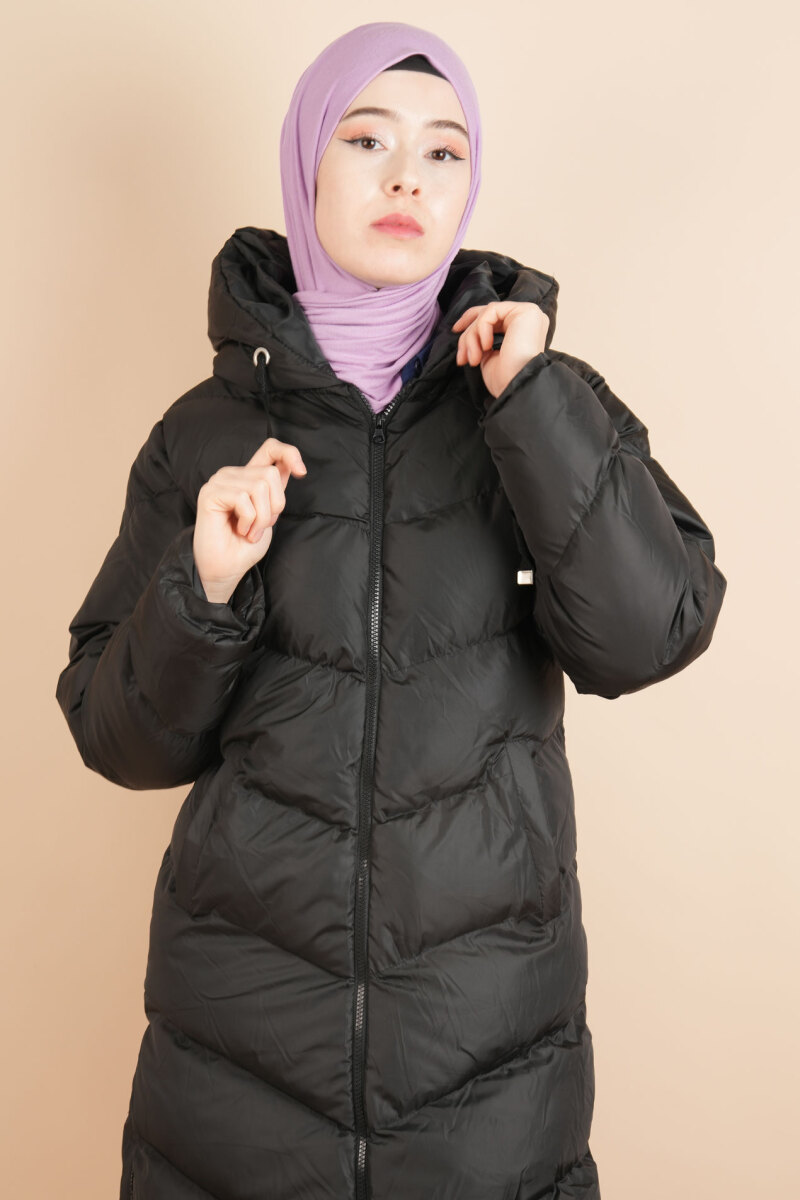 Tesettür Kapüşonlu Şişme Mont Siyah - 4