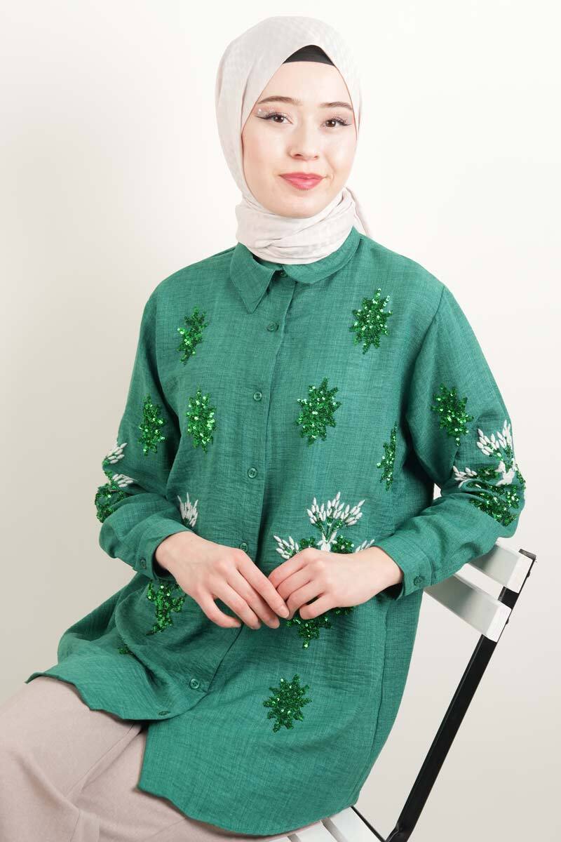 Tesettür Keten Gömlek Pul Yıldız Çiçek Desen Gita Gömlek Yeşil - 1