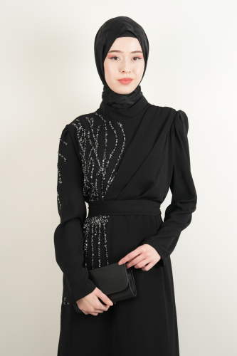 Tesettür Krep Abiye Omuz Taş Detaylı Abiye Siyah - 4