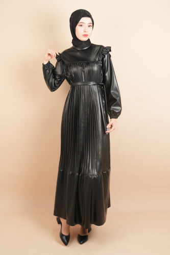 Tesettür Piliseli Elbise Kolları Vatka Detaylı Deri Elbise Siyah - 03Kız Kulesi Teks