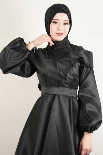 Tesettür Prenses Elbise Kola Bağlamalı Hilary Tafta Prenses Siyah - 3