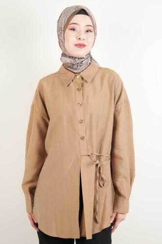Tesettür Saten Gömlek Yandan İpli Basic Gömlek Camel 