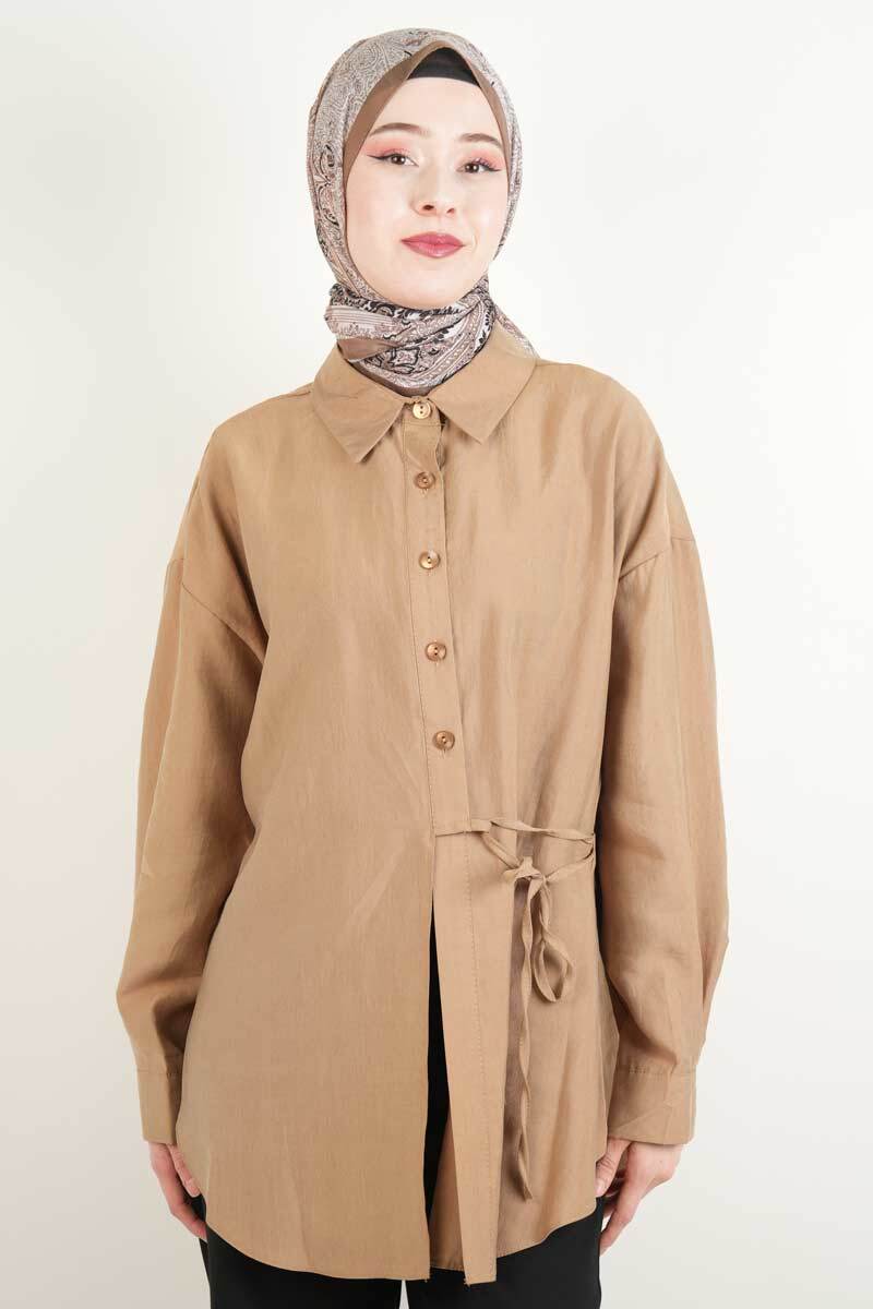 Tesettür Saten Gömlek Yandan İpli Basic Gömlek Camel - 1