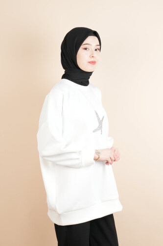 Tesettür Scuba Sweat Bukre Ön Taşlı Kuşlu Sweat Beyaz - 2