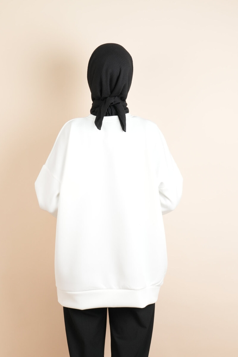 Tesettür Scuba Sweat Bukre Ön Taşlı Kuşlu Sweat Beyaz - 3