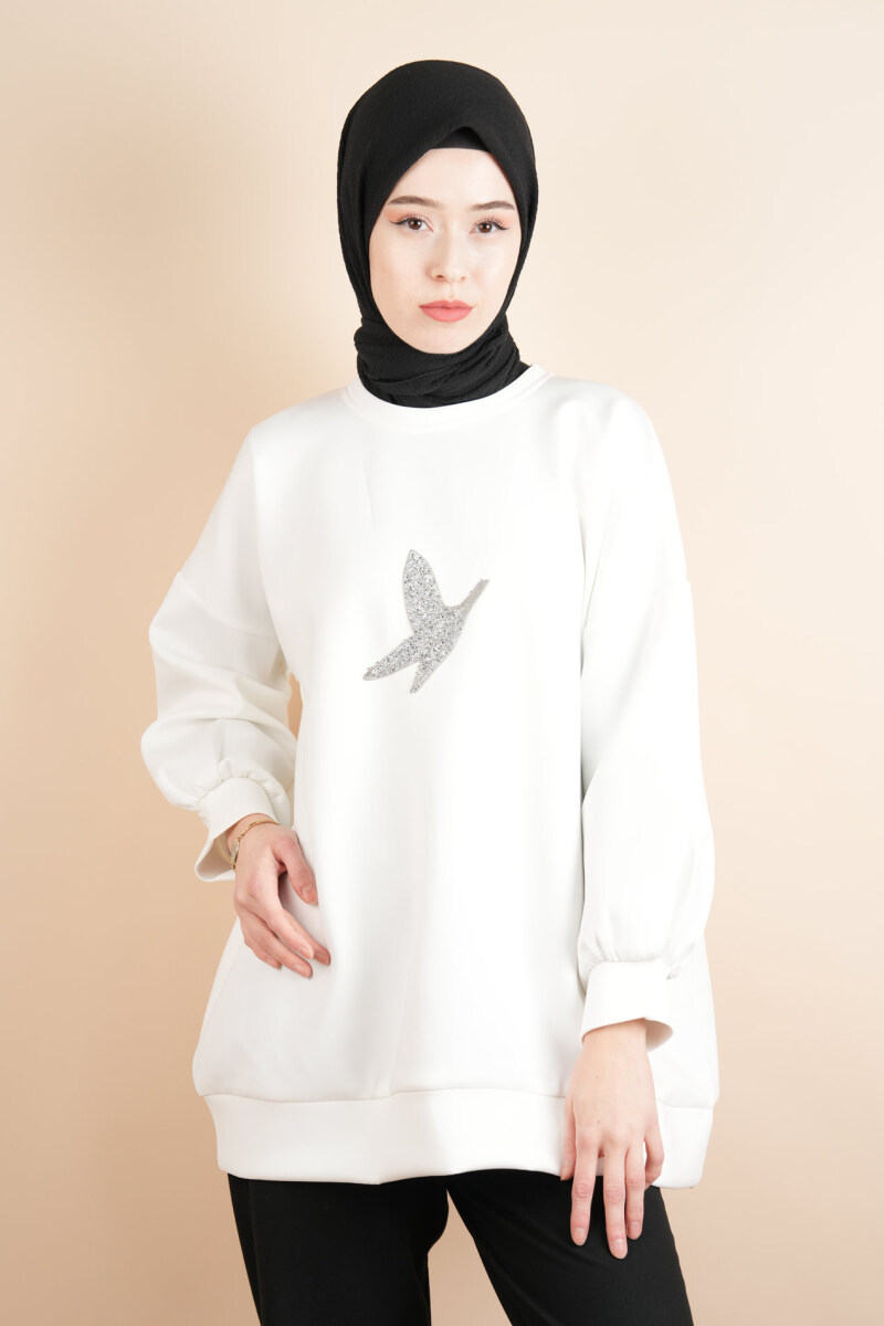 Tesettür Scuba Sweat Bukre Ön Taşlı Kuşlu Sweat Beyaz - 4