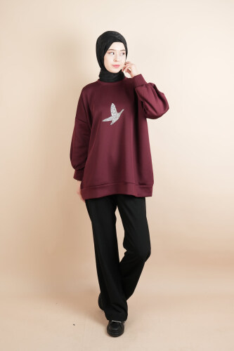 Tesettür Scuba Sweat Bukre Ön Taşlı Kuşlu Sweat Bordo 