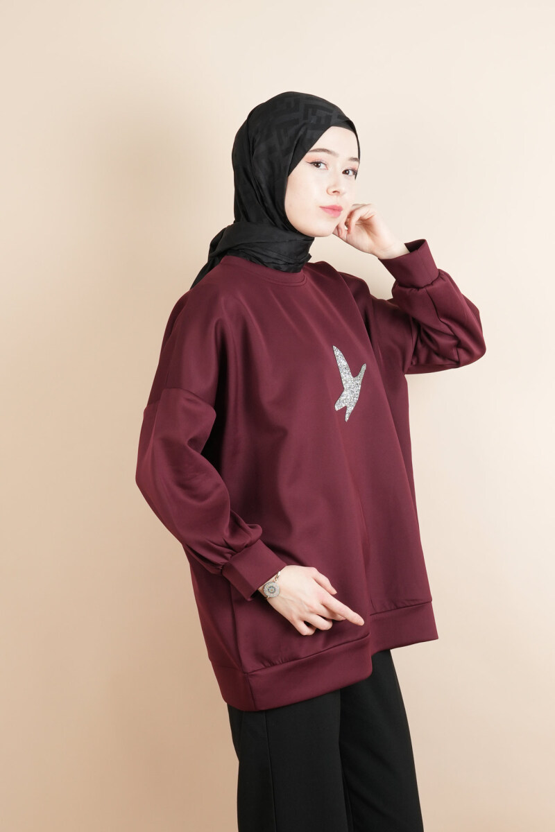 Tesettür Scuba Sweat Bukre Ön Taşlı Kuşlu Sweat Bordo - 2