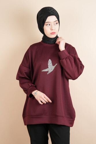 Tesettür Scuba Sweat Bukre Ön Taşlı Kuşlu Sweat Bordo - 4
