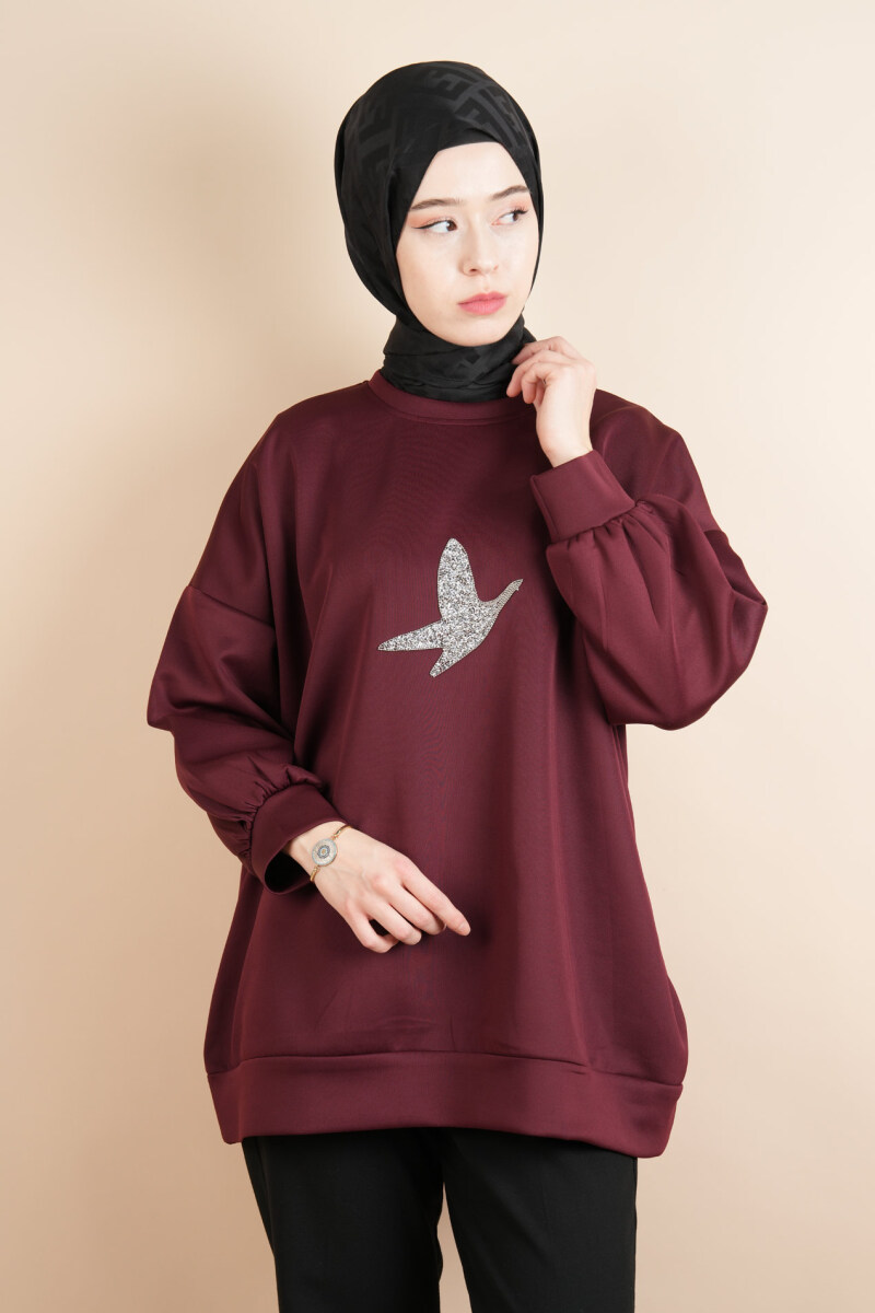 Tesettür Scuba Sweat Bukre Ön Taşlı Kuşlu Sweat Bordo - 4