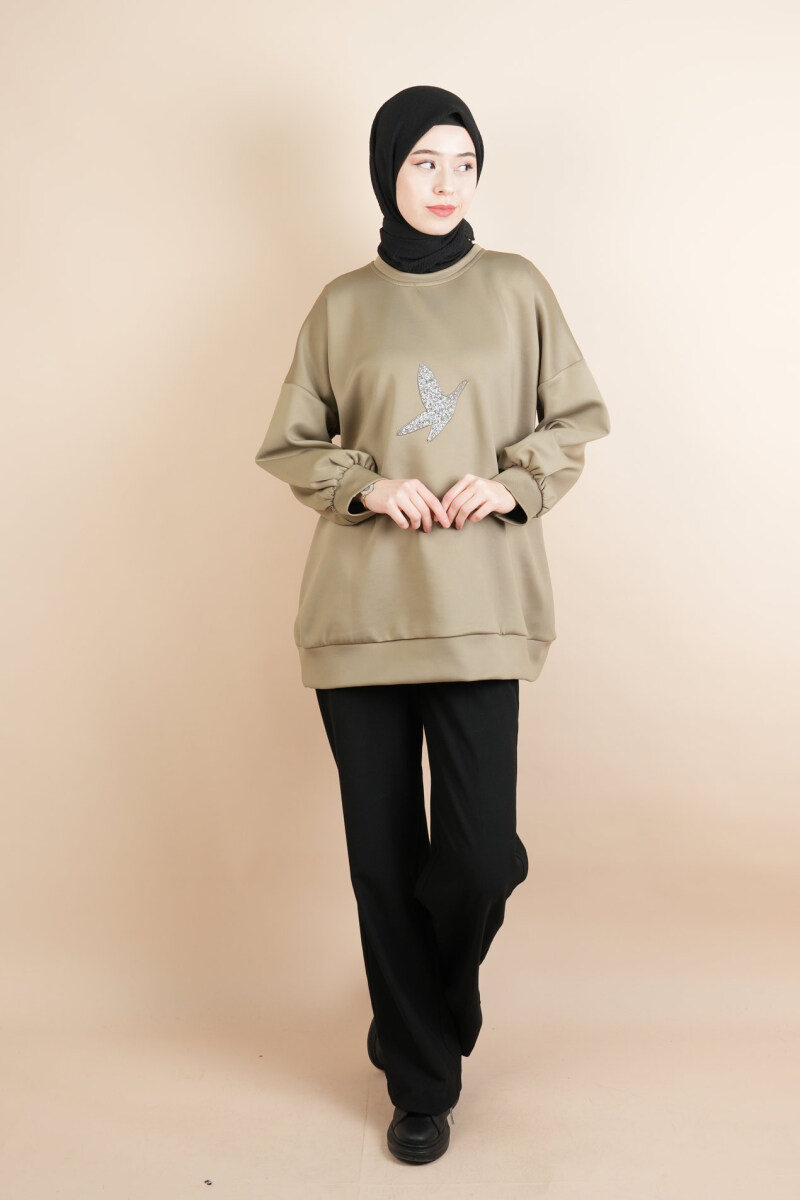 Tesettür Scuba Sweat Bukre Ön Taşlı Kuşlu Sweat Haki - 1