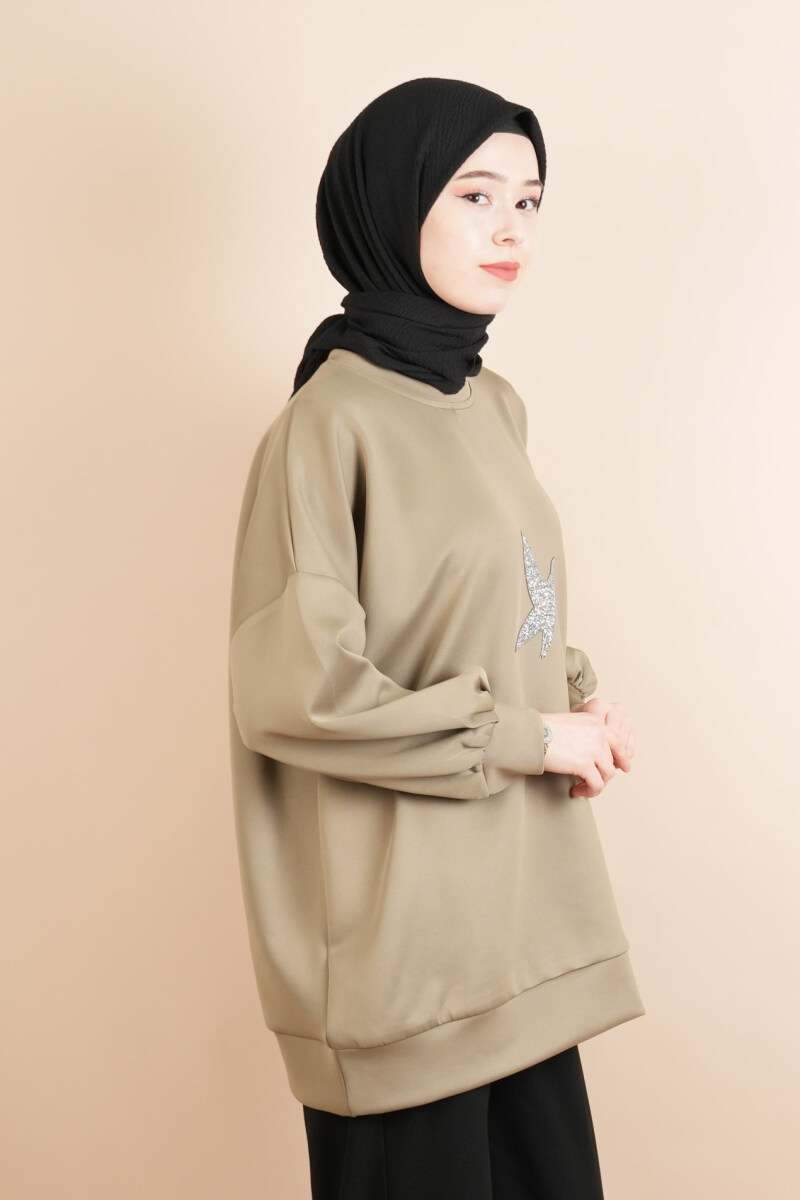 Tesettür Scuba Sweat Bukre Ön Taşlı Kuşlu Sweat Haki - 2