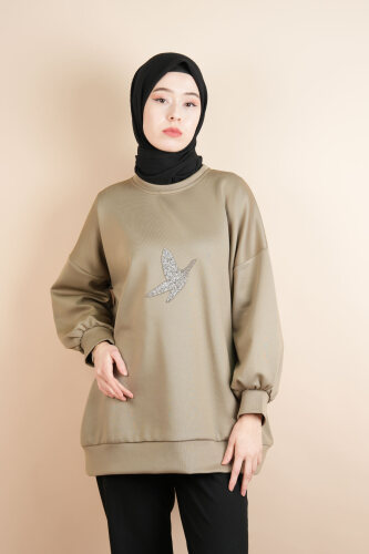 Tesettür Scuba Sweat Bukre Ön Taşlı Kuşlu Sweat Haki - 4