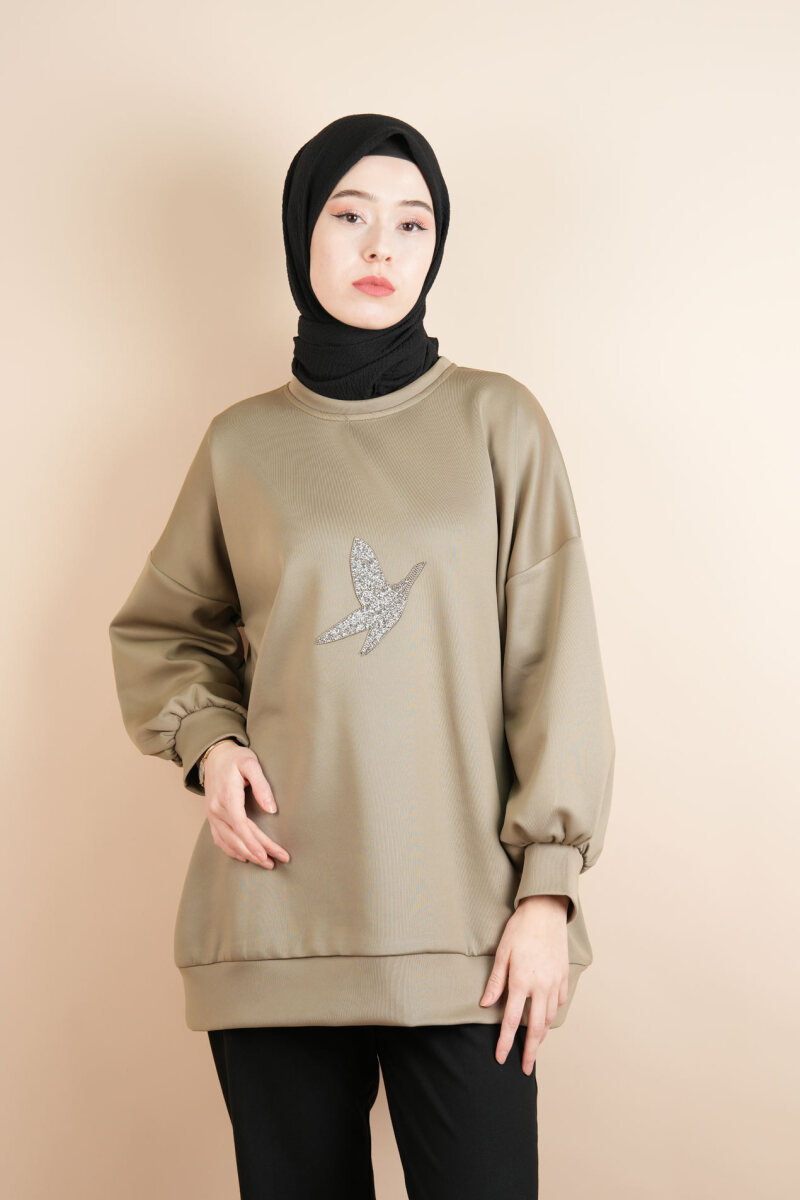 Tesettür Scuba Sweat Bukre Ön Taşlı Kuşlu Sweat Haki - 4