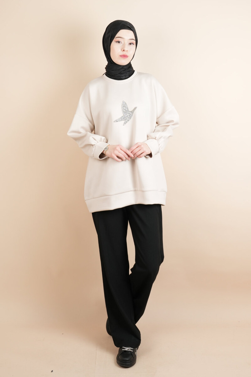 Tesettür Scuba Sweat Bukre Ön Taşlı Kuşlu Sweat Krem - 1