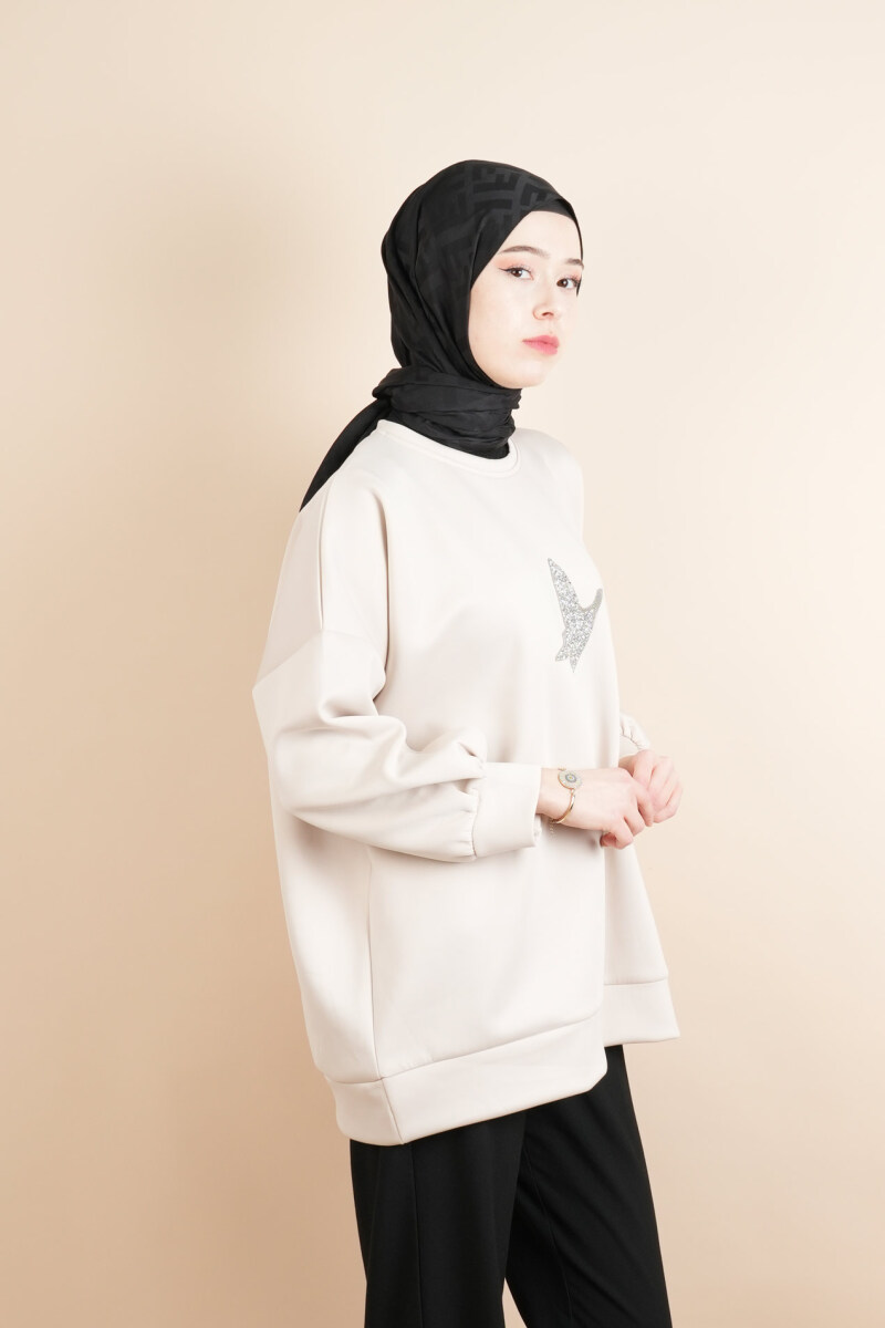 Tesettür Scuba Sweat Bukre Ön Taşlı Kuşlu Sweat Krem - 2