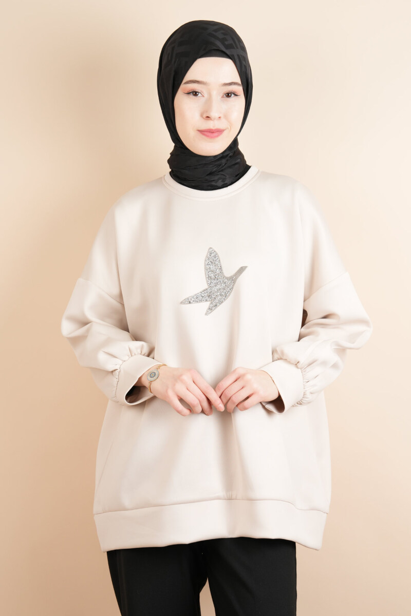 Tesettür Scuba Sweat Bukre Ön Taşlı Kuşlu Sweat Krem - 4