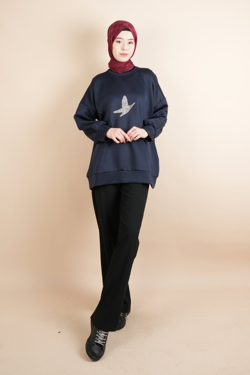 Tesettür Scuba Sweat Bukre Ön Taşlı Kuşlu Sweat Lacivert - 1
