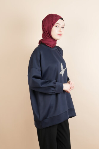 Tesettür Scuba Sweat Bukre Ön Taşlı Kuşlu Sweat Lacivert - 2